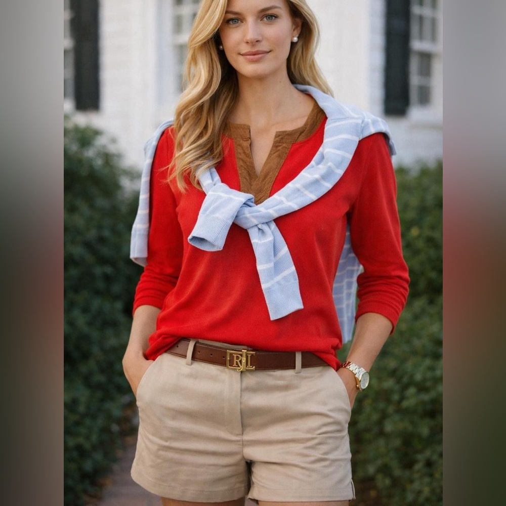 Ralph Lauren Lauren Red Preppy Quarter Sleep Top, Old Money Style.